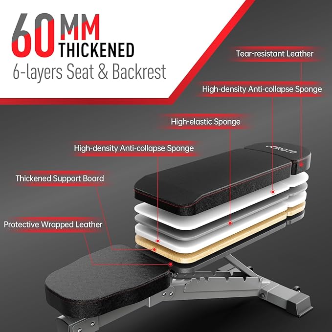 JOROTO Adjustable Weight Bench, Foldable Workout Bench for Home Gym Strength Training, Incline Decline Flat Bench Press with Wheels and Extended Backrest, Full Body Workout Equipment