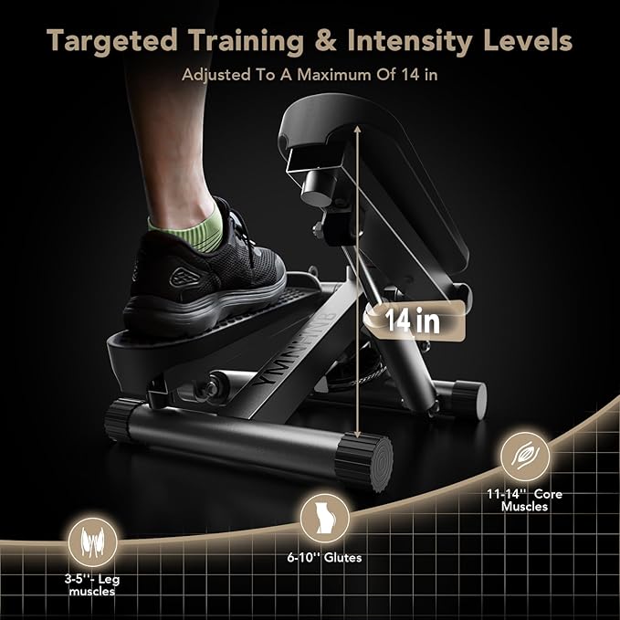 Mini Stepper with Resistance Bands, Stair Stepper for Exercise at Home, Compact Hydraulic Fitness Machine, Adjustable Step Height, Quiet Design, 300LBS Capacity, Calories, and Steps Tracking