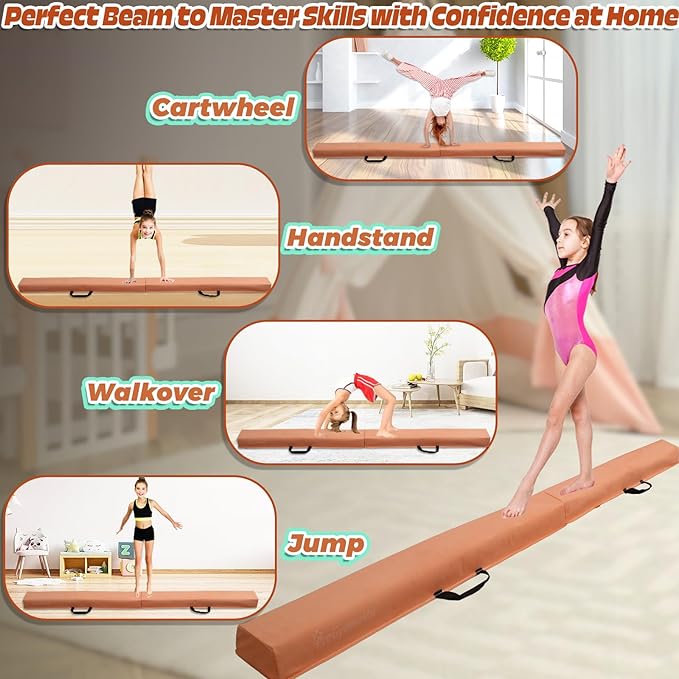 PreGymnastic 6FT/8FT/9.5FT Folding Balance Beam for Kids Ages 3-12, Foldable Gymnastics Floor Beam-Extra Firm Suede Cover with Carrying Bag for Home-Gym Equipment for Toddler Teenager