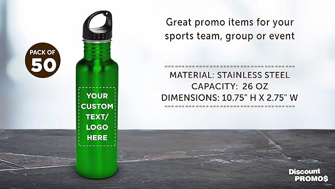 DISCOUNT PROMOS Custom Stainless Steel Water Bottles 26 oz. Set of 50, Personalized Bulk Pack - Reusable, Leak Proof, Perfect for Gym, Hiking, Camping, Outdoor Sports - Green