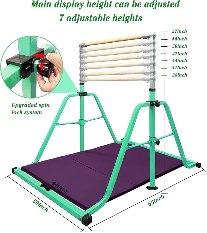 GLANT Gymnastics Bar for Kids with Rings Set, 7 Heights Adjustable Easy Folding Gymnastic Training Bar Kids Monkey Horizontal Bars - Max Load 300LBS