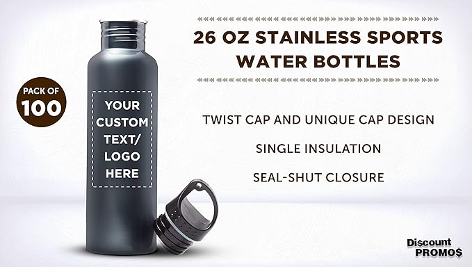 DISCOUNT PROMOS Custom Stainless Steel Water Bottles 26 oz. Set of 100, Personalized Bulk Pack - Reusable, Leak Proof, Perfect for Gym, Hiking, Camping, Outdoor Sports - Grey
