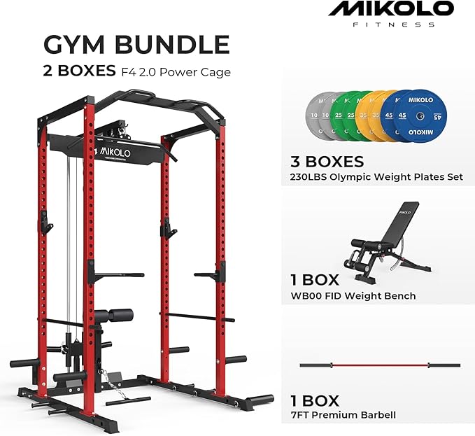 Mikolo Power Cage, Power Rack with LAT Pulldown, 1200 Pounds Capacity Workout Cage with More Training Attachments, Squat Rack for Home Gym, F4 Versions