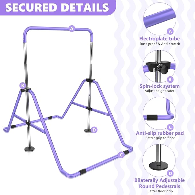 HYD-Parts Gymnastics Bar with Mat, Foldable Gymnastics Horizontal Bar Height Adjustable, Gymnastics Equipment for Kids 3-12 Ages, Children's Gifts