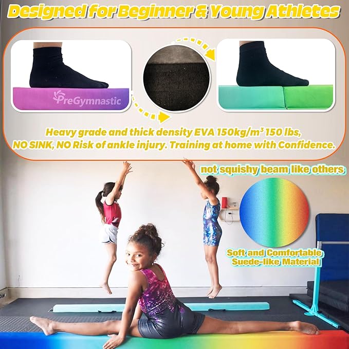 PreGymnastic 6FT/8FT/9.5FT Folding Balance Beam for Kids Ages 3-12, Foldable Gymnastics Floor Beam-Extra Firm Suede Cover with Carrying Bag for Home-Gym Equipment for Toddler Teenager