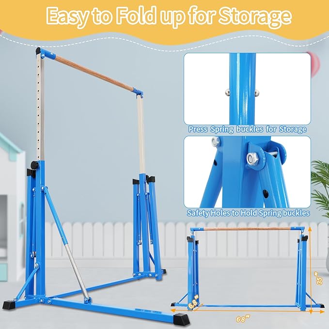 Gymnastics Bar for Kids Ages 3-15, 35" to 60" Adjustable Height, 4FT Wide Base - Professional Kip Bar with 360° Stability & Fiberglass Crossbar, Easy Fold&Solid Design for Home Training