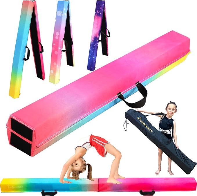 PreGymnastic 6FT/8FT/9.5FT Folding Balance Beam for Kids Ages 3-12, Foldable Gymnastics Floor Beam-Extra Firm Suede Cover with Carrying Bag for Home-Gym Equipment for Toddler Teenager