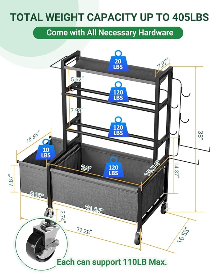 Adjustable Dumbbell Rack, 4-Tier Movable Weight Rack Stand for Home Gym Up To 405lb with Lockable Caster & Hooks, Home Gym Equipment Storage for Dumbbell Kettlebell Yoga Mat Ball