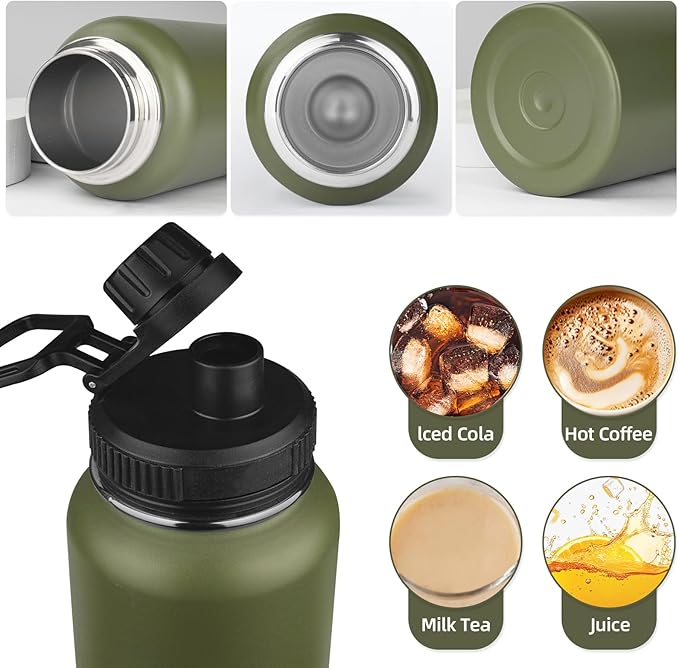 MEZMUT Stainless Steel Water Bottles 32oz Insulated Water Bottle with Straw&3 Lids Double Walled Sports Metal Thermos Water Bottle Cup Leak-Proof Vacuum Insulated Bottles Travel (Army Green)