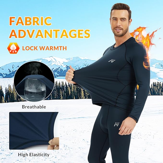 Men Thermal Underwear Set Long Johns with Fleece Lined Base Layer Men Cold Weather Top Bottom for Skiing Running