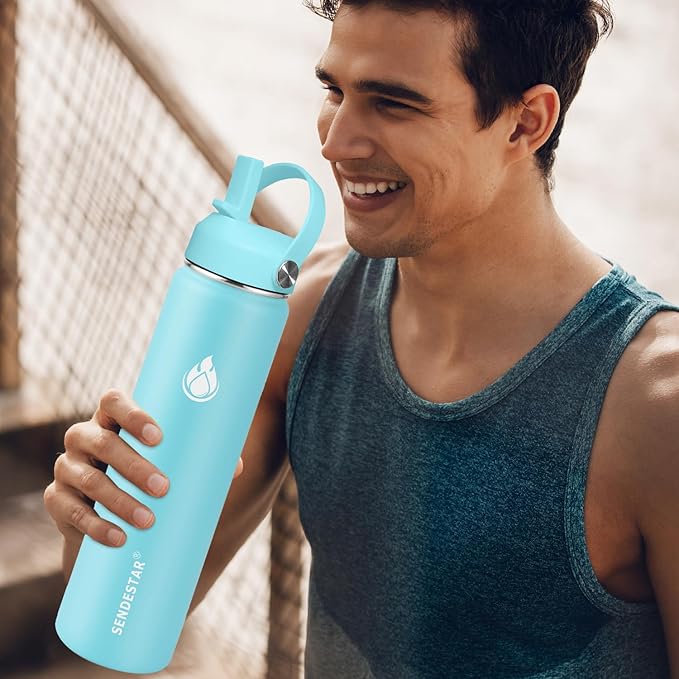 SENDESTAR Stainless Steel Wide Mouth Water Bottle 32oz Double Wall Vacuum Insulated Leak Proof Bottle with New Flex Straw Lid & Spout Lid XIN-MC-1000-1