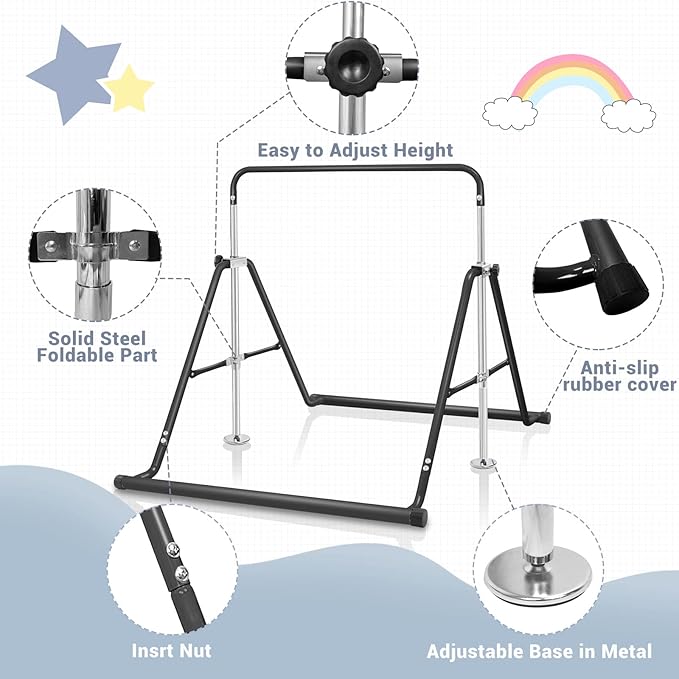 BangTong&Li Gymnastics Bar for Kids Height Adjustable Horizontal Bar Folding Gymnastics Junior Training Bar for Home Gymnastics Equipment