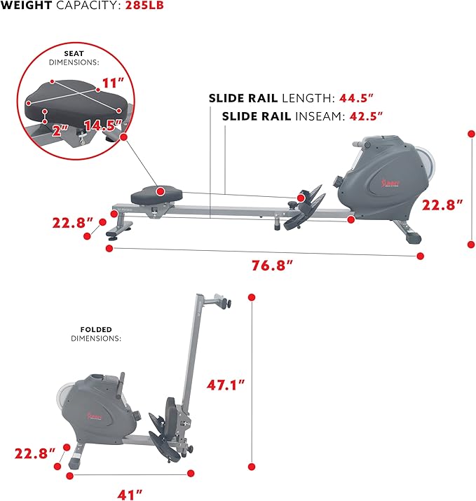 Sunny Health & Fitness Rower w/Long Slide Rail, Cardio Rowing Equipment for Home Gym Training w/LCD Monitor & Device Holder, Optional Free SunnyFit App Bluetooth Connection