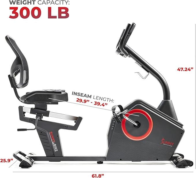 Sunny Health & Fitness Programmable 16 Levels Electro-Magnetic Resistance Recumbent Exercise Bike with 24 Pre-Build Workouts and 300 lbs Weight, Free SunnyFit App Connection for Guided Home Training