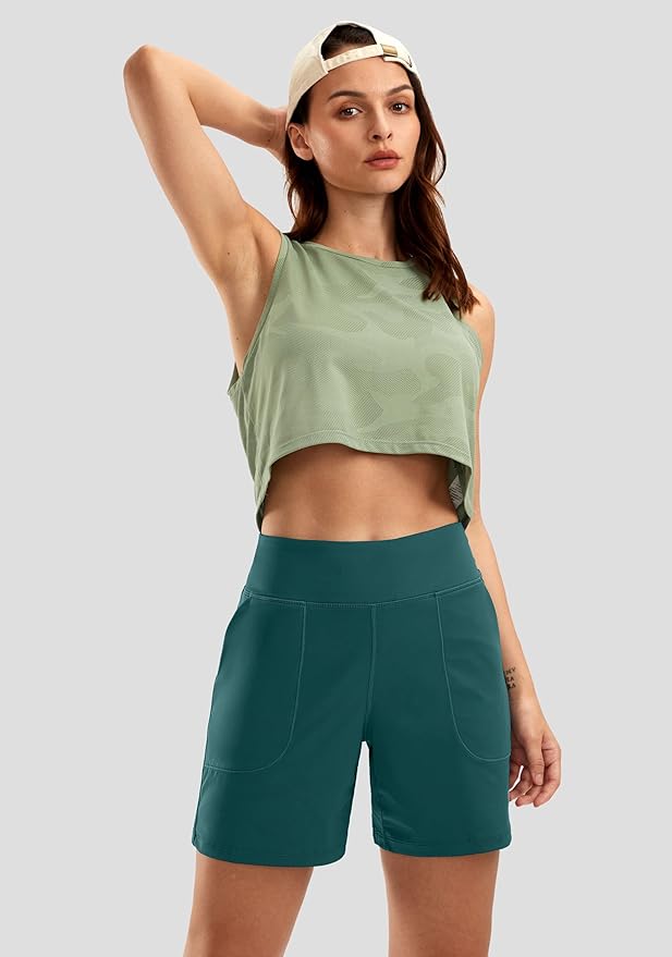 SANTINY Women's 6'' Athletic Long Shorts with 4 Pockets High Waisted Bermuda Shorts for Women Walking Running Casual