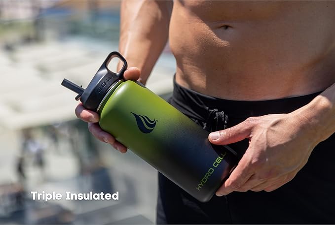 HYDRO CELL Stainless Steel Insulated Water Bottle with Straw - For Cold & Hot Drinks - Metal Vacuum Flask with Screw Cap and Modern Leakproof Sport Thermos for Adults (Army/Black 32oz)