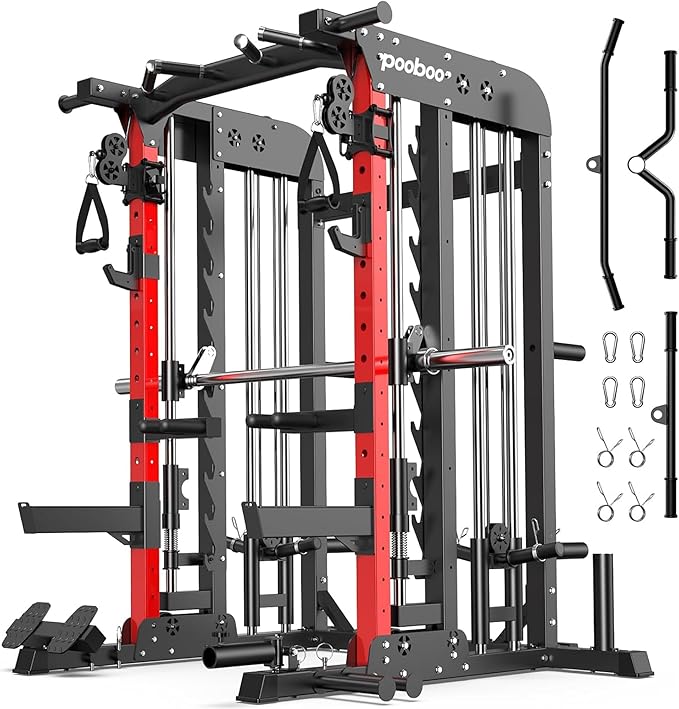 Pooboo Multi-Functional Machine Power Cage, 2000LB Squat Rack, LAT-Pull Down System, Dual Pulley Cable Crossover System, Home Gym Workout Machine with Strength Training Attachments