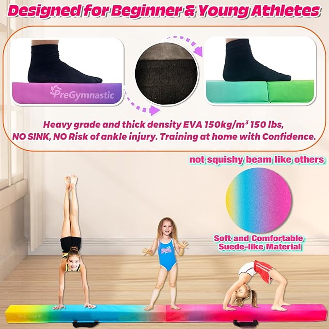 PreGymnastic 6FT/8FT/9.5FT Folding Balance Beam for Kids Ages 3-12, Foldable Gymnastics Floor Beam-Extra Firm Suede Cover with Carrying Bag for Home-Gym Equipment for Toddler Teenager