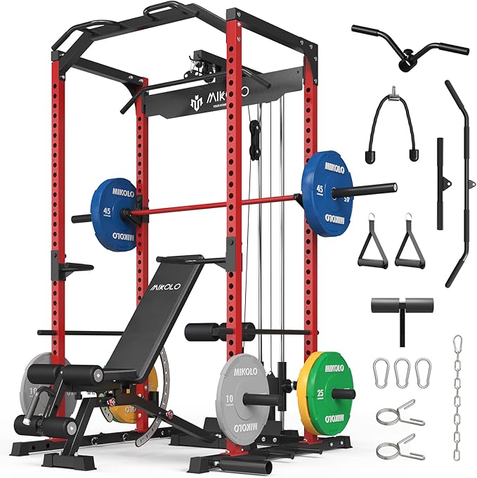 Mikolo Power Cage, Power Rack with LAT Pulldown, 1200 Pounds Capacity Workout Cage with More Training Attachments, Squat Rack for Home Gym, F4 Versions
