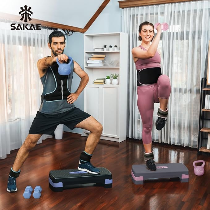 SAKAE Step Aerobics Platform Set with Dumbbells & Measuring Tape, Aerobic Steppers for Exercise at Home, Adjustable Height 2 Level Risers Workout Step Trainer with Non-Slip Surface, Multiple Colors