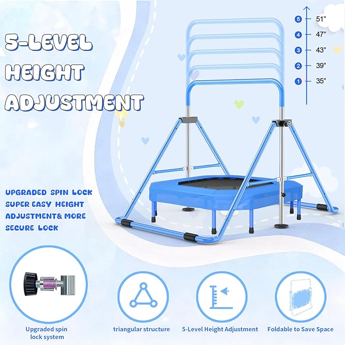 Safly Fun Foldable Gymnastics Bar for Kids, Adjustable 35"-51", Sturdy 145 lbs Capacity, Easy-to-Assemble, Gymnastics Equipment for Kids for Indoor/Outdoor Training