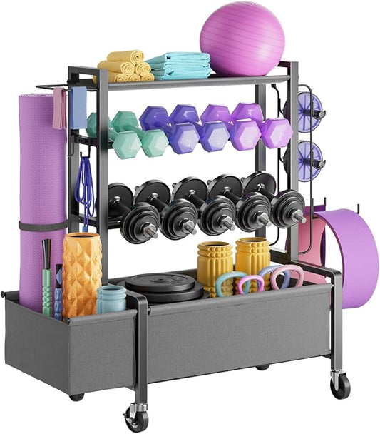 Adjustable Dumbbell Rack, 4-Tier Movable Weight Rack Stand for Home Gym Up To 405lb with Lockable Caster & Hooks, Home Gym Equipment Storage for Dumbbell Kettlebell Yoga Mat Ball