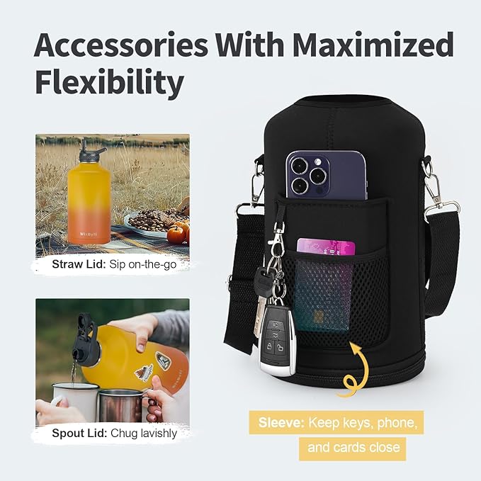 One Gallon Water Bottle Insulated, Triple Wall Vacuum Cold for 48 Hrs & Leak-proof & Non-BPA, 128oz Large Sports Stainless Steel Water Jug with Paracord Handle Straw Spout Lids & DIY Stickers