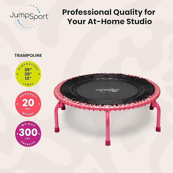 JumpSport 350 PRO Fitness Trampoline, Cardio Workout, No-Tip Arched Legs Home Gym Equipment, Adjustable Bungees & 60 Day Trial Video