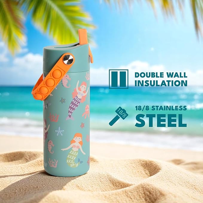 Elemental 100% Leak Proof When Spout is Closed Insulated Kids Water Bottle, Stainless Steel Bottle for School with Straw Lid & Pop-It Handle, Meowmaid & Mermaid Sisters -18oz (2 Pack)