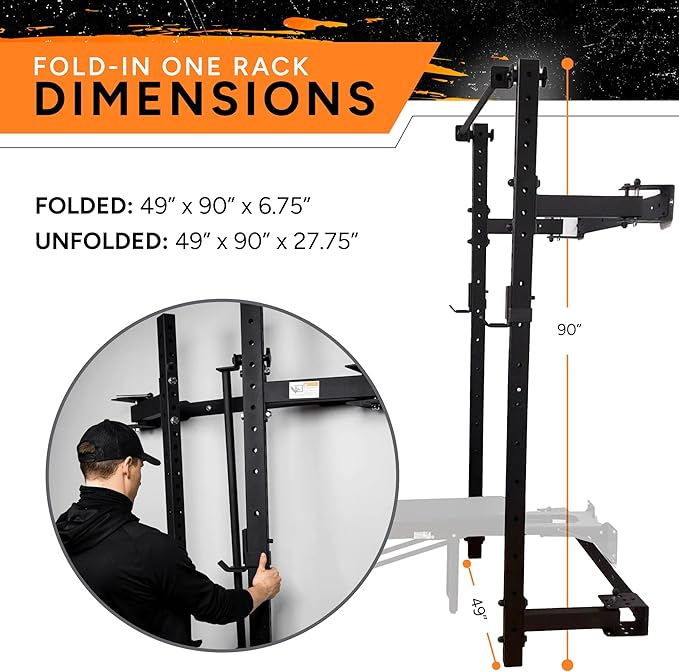 PRx Performance Wall Mounted Folding Power Squat Rack - Heavy Duty Adjustable Pull Up Bar, Space Saving Home Gym Equipment with Durable J-Cups, Ideal for Weight Lifting and Strength Training - Black