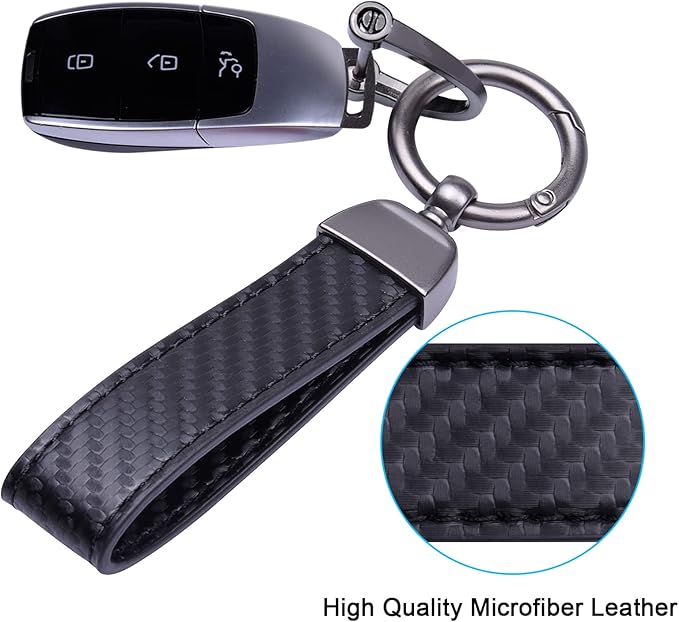 Wisdompro Carbon Fiber Style Car Keychain, Microfiber Leather Key Chain, Universal Key FOB Keychain Holder for Men and Women, with Anti-lost D-ring, 3 Keyrings - Black (with flat connector)