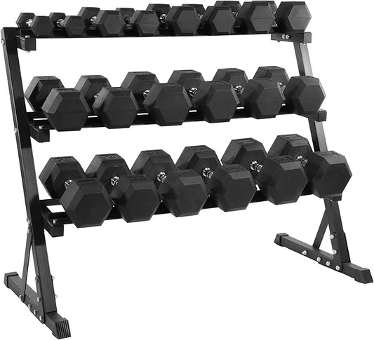 Fitvids 150 LB Rubber Coated Hex Dumbbell Set with Storage Rack, 5-25LB Hand Weight Set with Anti-Slip Grip for Home Gym