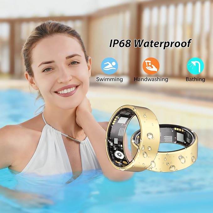 Smart Ring for Women Men Health Ring with Heart Rate, Blood Oxygen, Blood Pressure, Sleep Tracker, Step Tracker, IP68 Waterproof Fitness Ring for iOS & Android,No Subscription Fee(Gold, 8#)