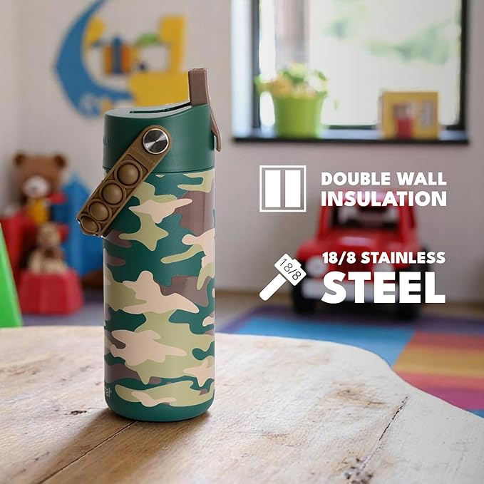 Elemental Insulated Kids Water Bottle, Stainless Steel Water Bottle with Straw Lid & Pop-It Handle, Leak-Proof Water Bottles for School, Boys or Girls, Travelling and Sports, 18oz - Green Camo