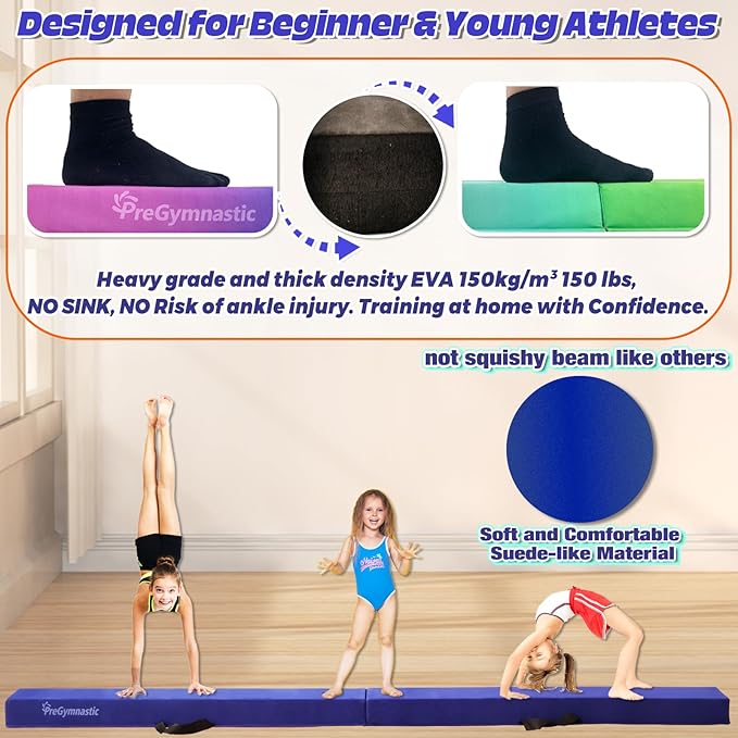 PreGymnastic 6FT/8FT/9.5FT Folding Balance Beam for Kids Ages 3-12, Foldable Gymnastics Floor Beam-Extra Firm Suede Cover with Carrying Bag for Home-Gym Equipment for Toddler Teenager