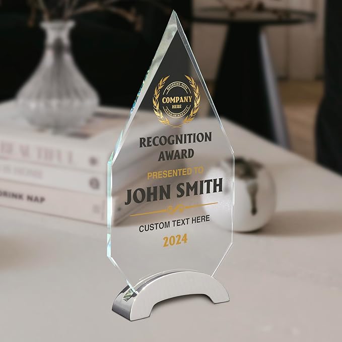 9 1/4" Personalized Glass Plaque for Awards and Trophies, Custom Award for Employee of the Month, Retirement, Leadership and Appreciation Gift P (Design 5)