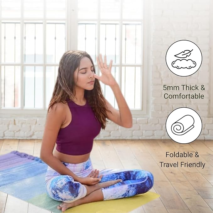 Indian Handmade100 % Organic Anti Skid Multi Colour Cotton Yoga Mat - Eco-Friendly Hand-Woven Rug - Non-Slip & Thick (24”x72”x5mm) for Hot yoga & Everyday Fitness at Home - Comfortable & Foldable Extra-Long Mat