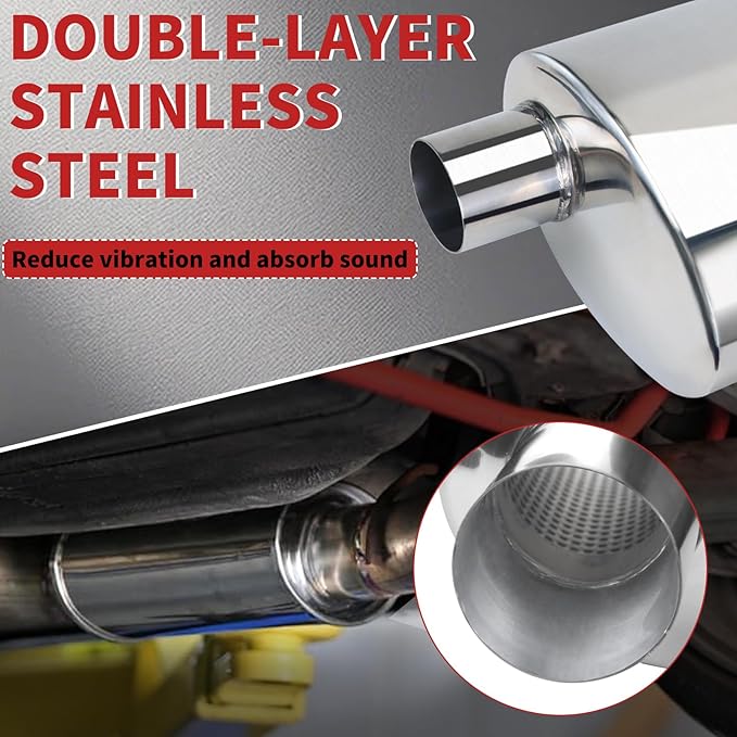 LCGP 2.25” Ultra Quiet Resonator, 2.25'' Inlet & Outlet 20" Overall Length Universal Muffler, 304 Stainless Steel vibrant performance resonator 2.25", Oval Muffler Shape, Polished, Pass-Thru Design