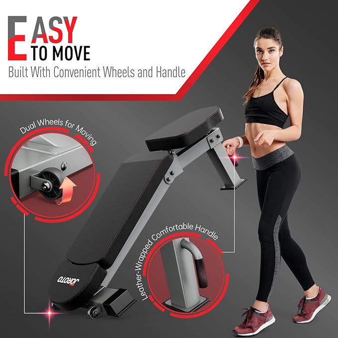 JOROTO Adjustable Weight Bench, Foldable Workout Bench for Home Gym Strength Training, Incline Decline Flat Bench Press with Wheels and Extended Backrest, Full Body Workout Equipment