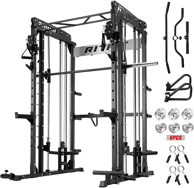 RitFit M1 & M1 Pro Smith Machine with Cable Crossover System, Multi-Function Squat Rack Power Cage for Home Gym, Power Rack and Packages