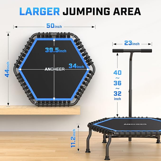 ANCHEER Trampoline, 50'' Rebounder Trampoline for Adult with Bar, Indoor Outdoor Mini Trampoline, 550LBS Fitness Trampoline with Bungee, Jumping Cardio Equipment, Exercise Trampoline at Home Gym