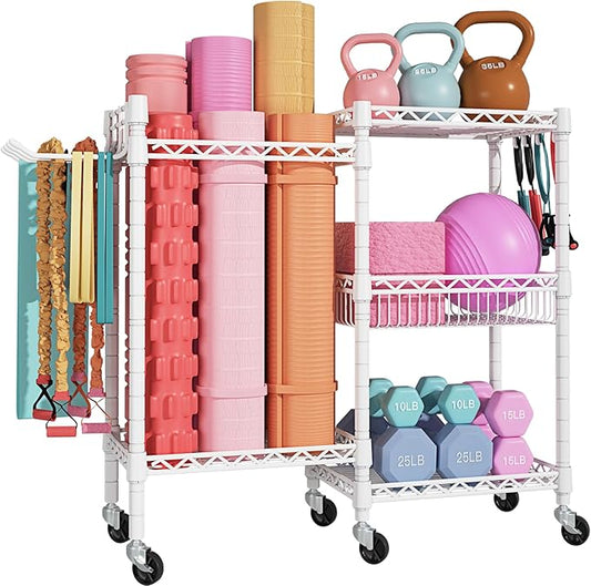 FUTASSI Home Gym Storage, 3 Tiers Workout Equipment Organizer with Wheels for Yoga Mats, Foam Roller, Dumbbells, Kettlebells, and Resistance Bands