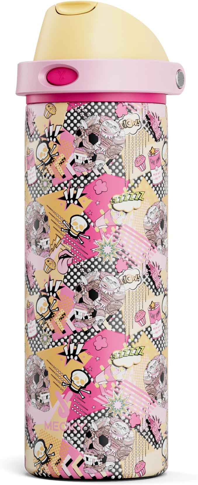 24 oz Insulated Water Bottle with Straw: Meoky Stainless Steel Water Bottle with Straw and Spout Lid - Leak Proof, Cold for 24 Hours, Fits in Car Cup Holder, BPA-Free for Travel Gym, Skull Parade
