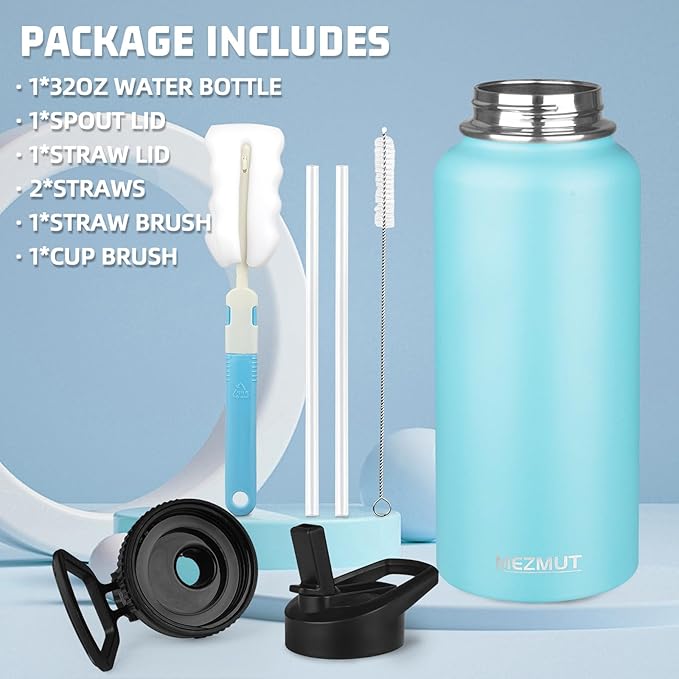 MEZMUT Insulated Water Bottle with Straw&2 Lids 32oz Metal Water Bottle Leakproof Travel Stainless Steel Water Bottles Reusable Double Wall Gym Sports Cup Flask for Camping Hiking, Blue