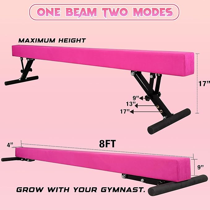 PreGymnastic 8FT Balance Beam, Raised Gymnastics Beam for Kids Ages 3-12, Home Gym Equipment for Training, Adjustable Balancing Beam Indoor, Off-Ground Competition Style