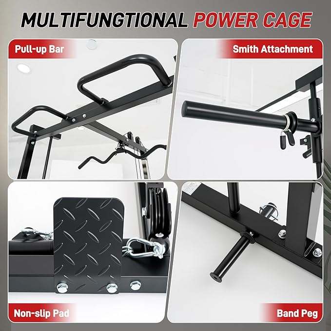 Smith Machine Power Cage Squat Rack with LAT-Pull Down System, 1000LBS Capacity, Landmine, Barbell Bar, Plate Storage Pegs and More Training Attachment for Garage Workout & Home Gym