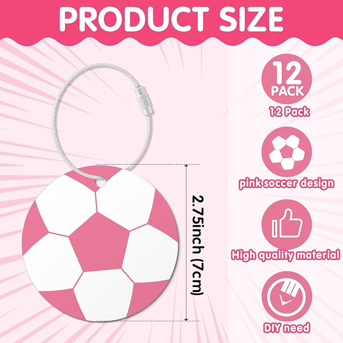 12 Pcs Pink Soccer Luggage Tags for Suitcases Travel Suitcase Labels with Metal Ring 2.75in Pink Soccer Keychain PVC Name Id Card DIY Pocket Hug Card for Men Women Travel Bag Suitcase