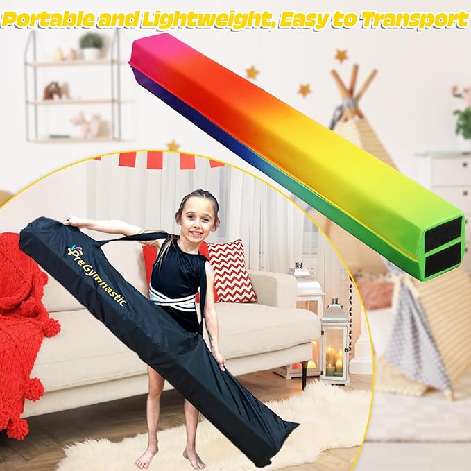 PreGymnastic 6FT/8FT/9.5FT Folding Balance Beam for Kids Ages 3-12, Foldable Gymnastics Floor Beam-Extra Firm Suede Cover with Carrying Bag for Home-Gym Equipment for Toddler Teenager