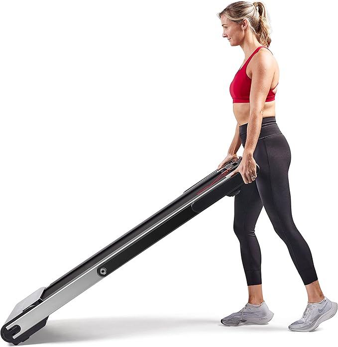Sunny Health & Fitness Slim Foldable Treadmill Fully Assembled, 17.7" x 49" Non-Slip Running Surface, 2.5 HP Motor, Speeds up to 8 MPH, Shock-Absorption, Device Holder, Digital Monitor, & Easy Storage