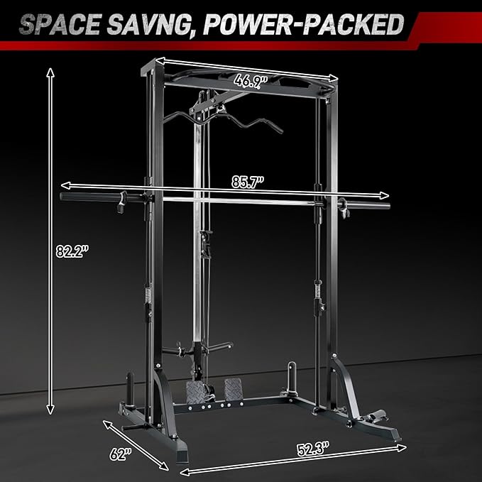 Smith Machine Power Cage Squat Rack with LAT-Pull Down System, 1000LBS Capacity, Landmine, Barbell Bar, Plate Storage Pegs and More Training Attachment for Garage Workout & Home Gym